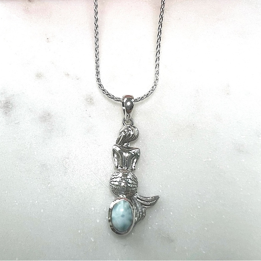 .925 Sterling Silver Natural Larimar Mermaid Silhouette Becklace - Picture 3 of 16